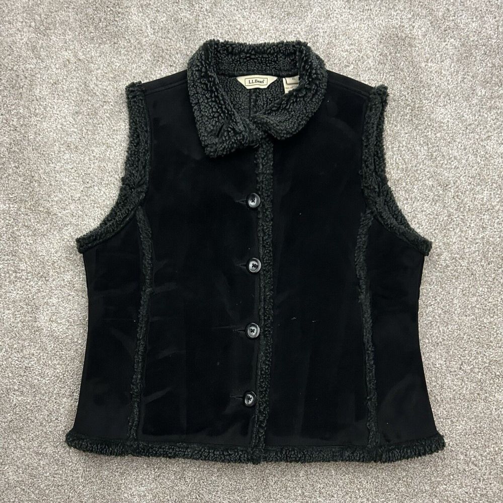 L.L Bean Sherpa Vest Women's Size Medium PET Faux Suede Black‎ Button Up